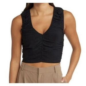 OPEN EDIT Ruched Sleeveless V-neck Top In Black Women's Size Extra Small NWT